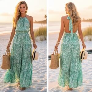 KASIA Satin Floral Halter Maxi Dress Size Small Resort Green Tiered A-line Boho